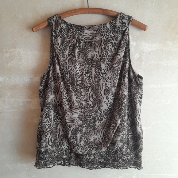 305a. brown vintage First Option leopard print sleeveless blouson y2k top, M - Picture 7 of 8